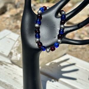 Blue, Red Glass & Silver Beaded Braclet